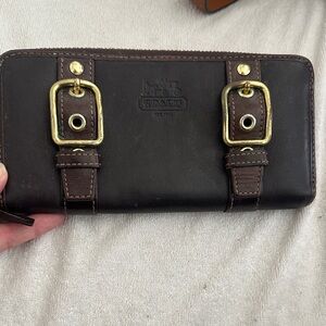 Coach Dark Brown Leather Zip Wallet with Brass Buckles